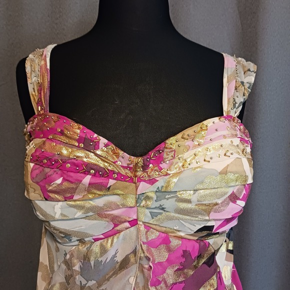 Signature by Robbie Bee Boho Pink Gold Metallic Floral Tiered Ruffle Dress 14 - Picture 2 of 8